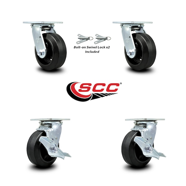 6 Inch Rubber On Steel Caster Set With Roller Bearings 2 Swivel Lock 2 Brake SCC
